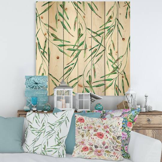 Designart - Tropical Green Leaves In Summer Times II - Tropical Print on Natural Pine Wood